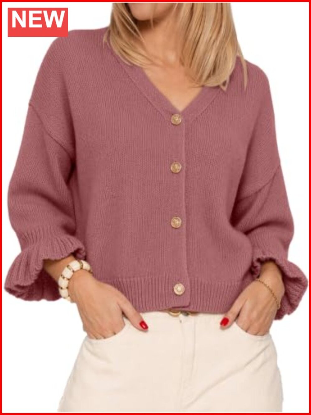 Womens 3/4 Puff Sleeve Open Front Cardigan Oversized Cropped Knit Sweater